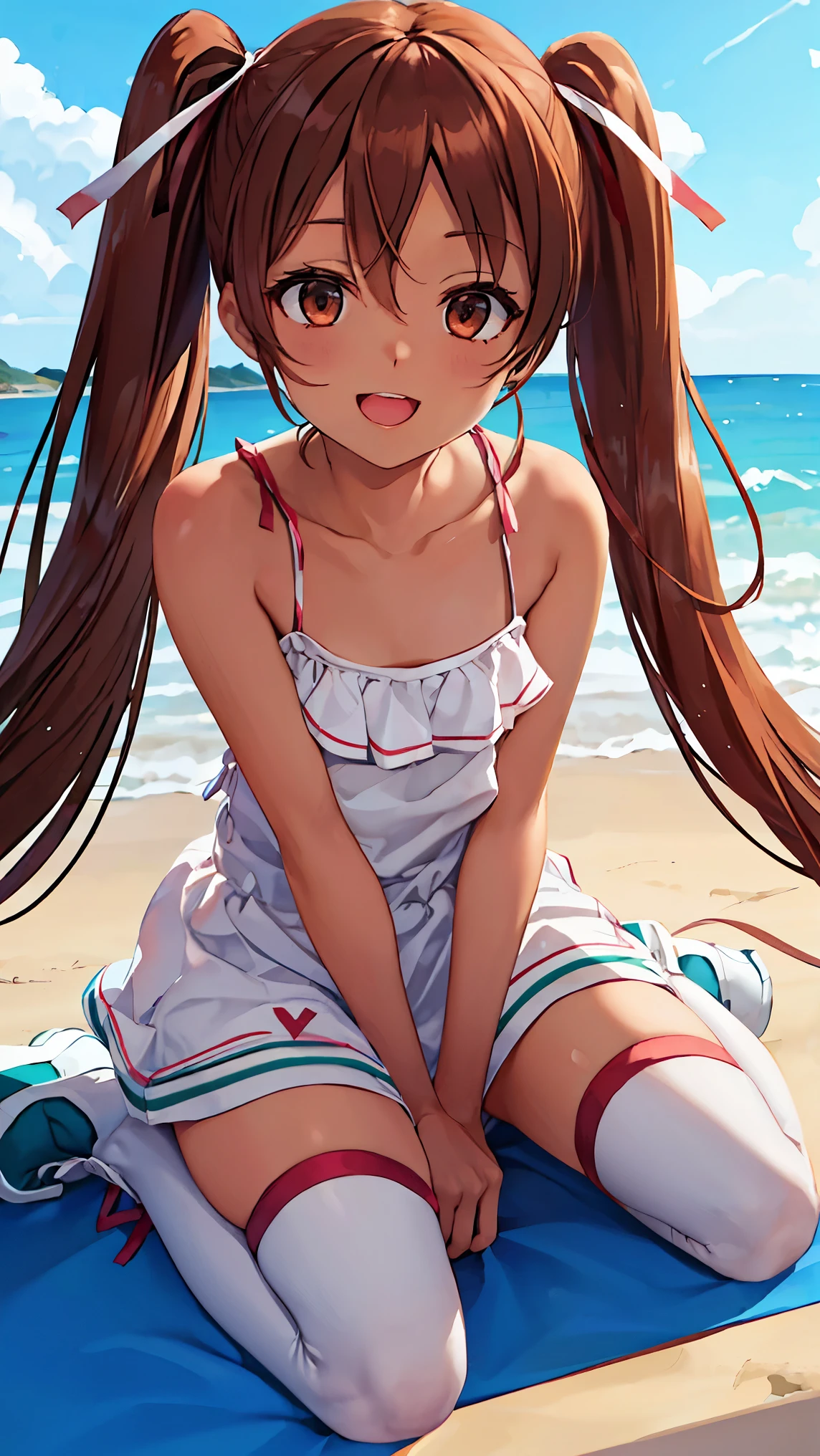 8k high resolution (Super detailed), masterpiece, ( best quality)　 Anime Illustration 　 detailed eyes on board,  detailed face 　 detailed hands 　Fine hair　 very elaborate body 、 fine skin 　One 　 Kantai Collection _Ribeccio　south-west wind_kantaicollection　 long hair,  brown hair,  twin tails　Dark Skin_woman,  Brown Eyes , ribbon hair bow, smile, Cheek,  sleeveless　sitting on the beach　Triangle sitting　 see here