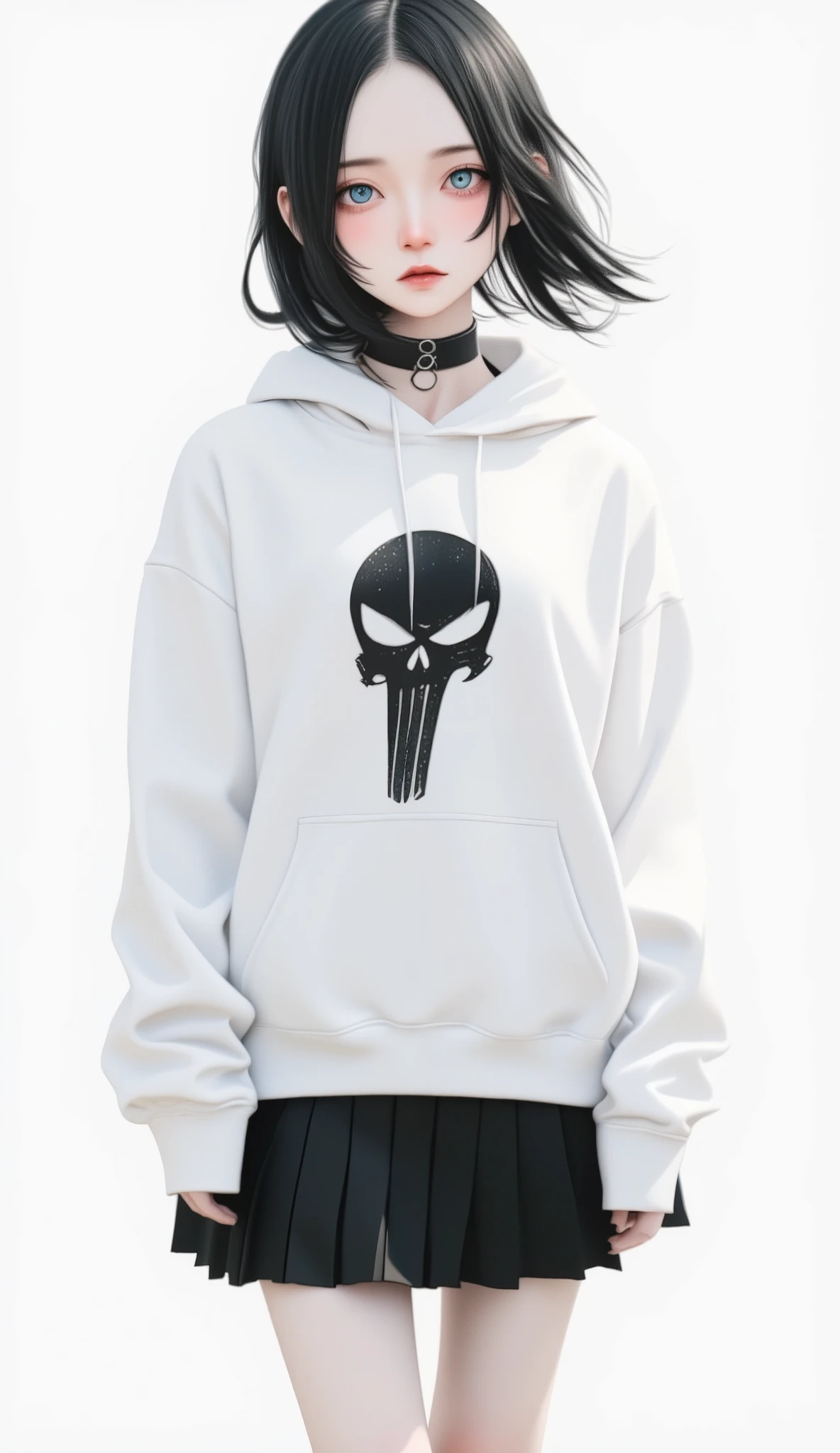 White background、  pure white background 、White background、 girl just standing , Only Girl、 full body shot from the front, ultra high resolution,  best quality、☠ HOODIE、 flat chest、 Beautiful Details、 black hair、 French blade:1.48、 black hair ×  blue eyes、 blue eyes、 serious expressions、 💀mark&#39;白い HOODIE、 Black Pleated Skirt 、barefoot