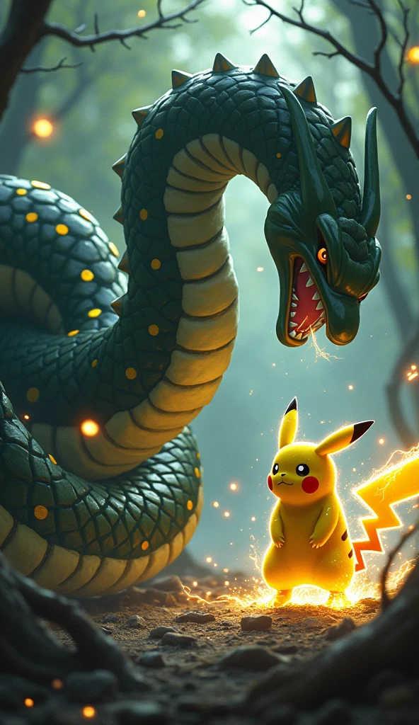 Pikachu tries to escape from the boa constrictor But he falls off the cliff and the boa constrictor laughs