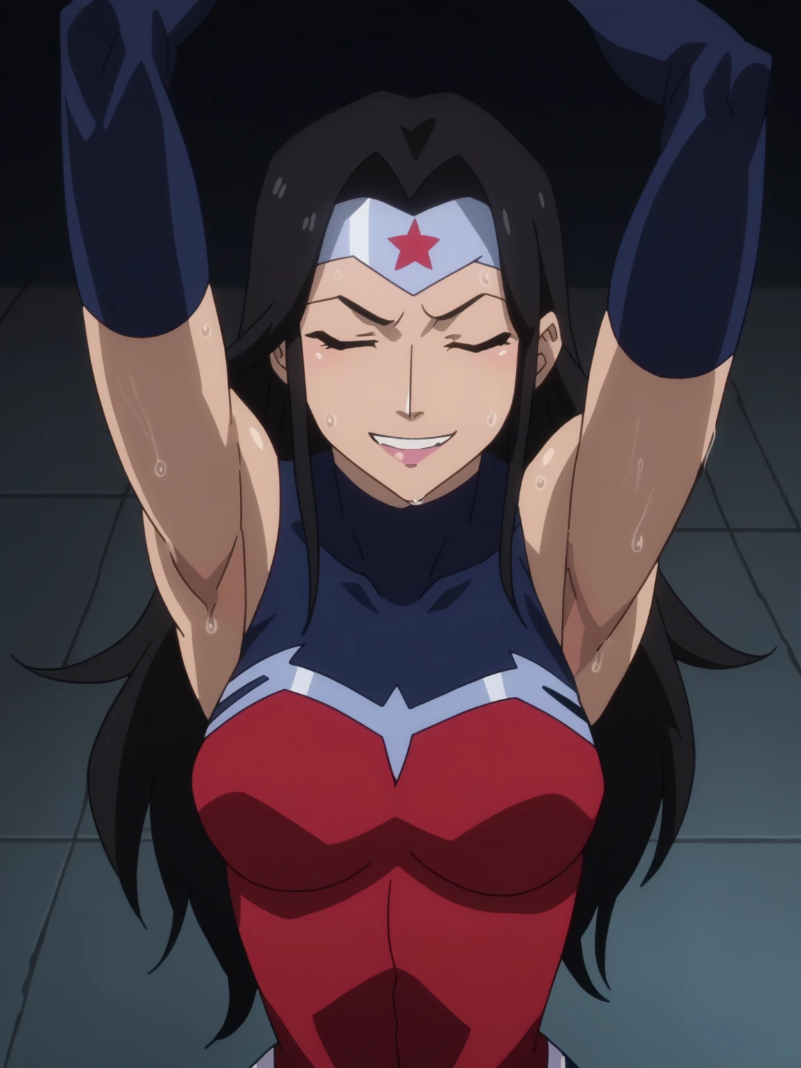 score_9, score_8_up, score_7_up, source_anime, anime screencap, 1girl, solo, wowobldlns, forehead protector, leotard, bare shoulders, elbow gloves, long hair, arms up, raised arms, armpits, from above, looking at viewer, head towards viewer, smile, closed mouth, badhandv4, standing , sweaty, sweating, sweaty armpits