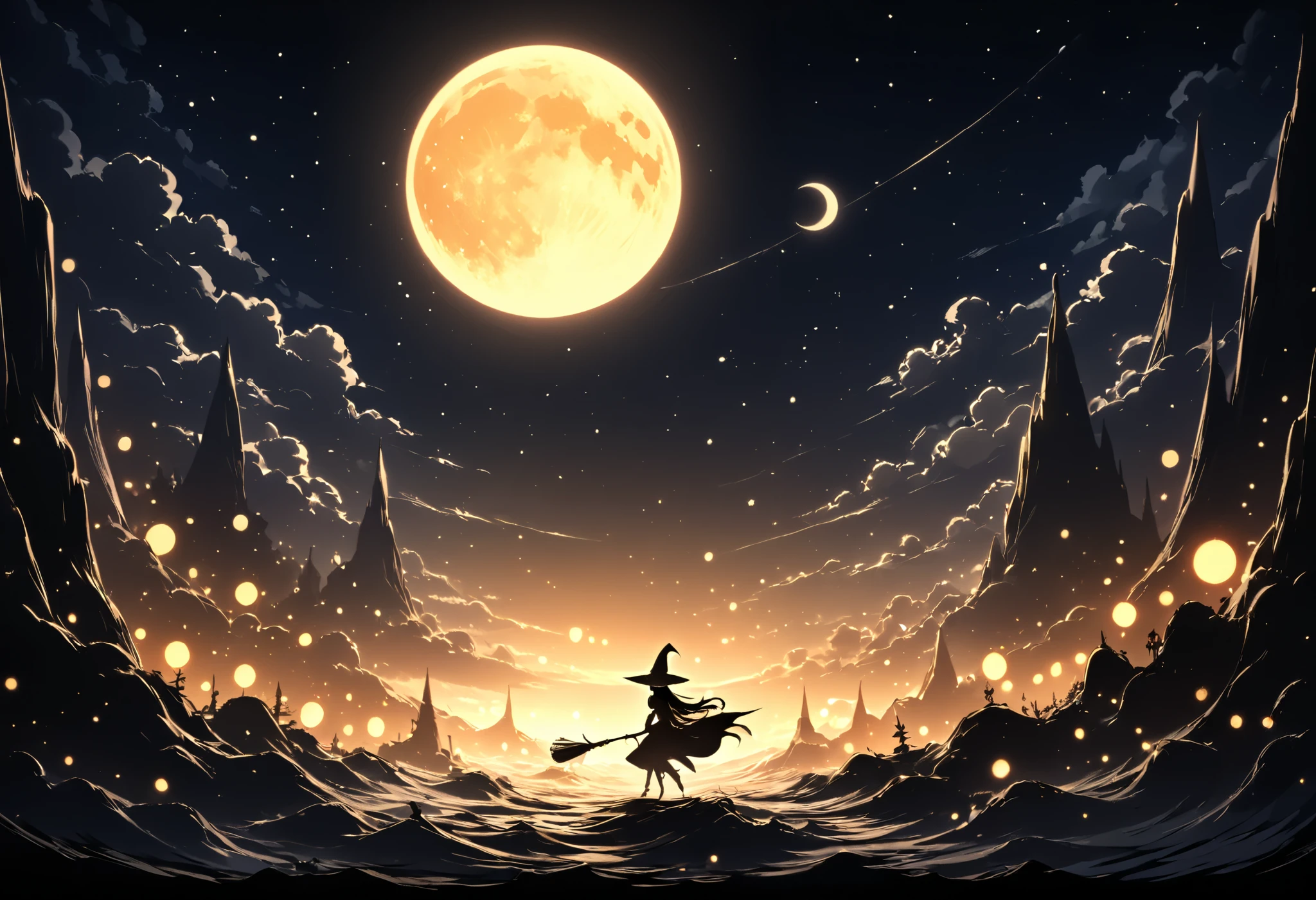 A striking silhouette of a witch riding a broomstick, soaring gracefully across a starry night sky. The large crescent moon dominates the background, casting a soft glow that outlines the witch’s figure and broomstick. Her pointed hat and flowing cape are clearly visible, adding to the iconic witchy profile. The sky is deep and vast, scattered with shimmering stars and subtle clouds, creating a mystical and magical atmosphere. The overall composition emphasizes the contrast between the dark silhouette and the glowing moon, evoking a sense of wonder and enchantment