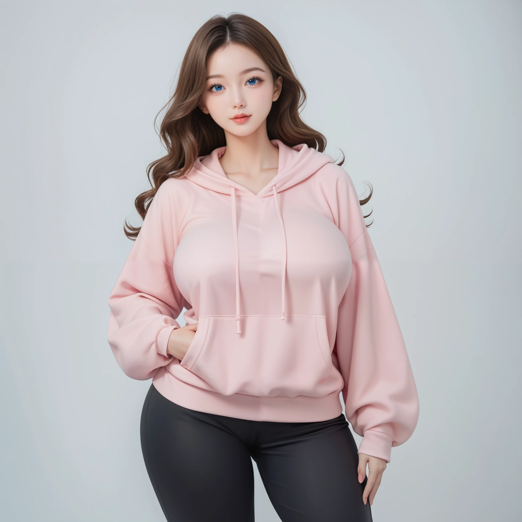 1girl, japanese, solo, very long wavy brown hair, blue eyes, huge breasts, narrow waist, wide hips, thick thighs, pink oversized hoodie, black pants, cute, standing, looking at viewer, simple background, from the front view, (((high quality))), (((HD))), (((8K))), (((highly detailed))), (((masterpiece))), (((high resolution))), (((beautiful art))), (((detailed face)))