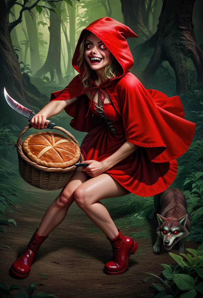  crazy red riding hood ( fairy tale character Red Riding Hood ) ,with a crazy face ,big expressive crazy eyes ,( with a basket of pies and a huge knife in his hand), dead wolf under her feet ,realistic anime, high quality,(( the red riding hood that killed and ate a wolf ))) photorealism, crazy red riding hood ( fairy tale character Red Riding Hood ) 