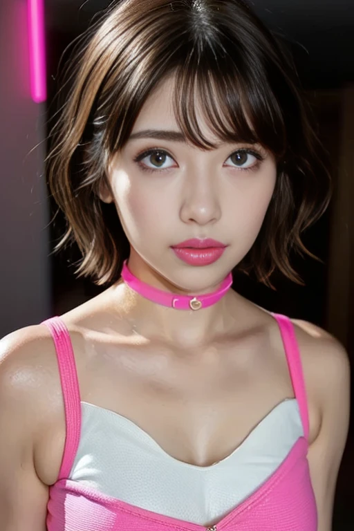 Angelique A very beautiful and cute girl, Dense and beautiful eyes,  cry with your mouth wide open，Painful expression， sad expression ，beautiful二重まぶた, (Big Eyes:1.3),(((super short crisp bangs))), ((( short hair))),((( Neon Hot Pink Lip Gloss )))、Tight tops， tight shorts， professional photo shoot, Realistic portrait, Cinematic Light, beautiful, 非常に  Detailsなな,  Details , (((Bokeh))),  the depth of the written boundary , Highly focused  , beautiful and delicate face and eyes, Droopy eyes,break (  Shiny Tight Choker  :Super neon pink ) , small nose, Hotel Street Alley ，