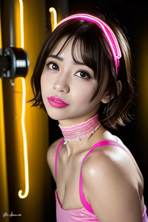 Angelique A very beautiful and cute girl, Dense and beautiful eyes,  cry with your mouth wide open，Painful expression， sad expression ，beautiful二重まぶた, (Big Eyes:1.3),(((super short crisp bangs))), ((( short hair))),((( Neon Hot Pink Lip Gloss )))、Tight tops， tight shorts， professional photo shoot, Realistic portrait, Cinematic Light, beautiful, 非常に  Detailsなな,  Details , (((Bokeh))),  the depth of the written boundary , Highly focused  , beautiful and delicate face and eyes, Droopy eyes,break (  Shiny Tight Choker  :Super neon pink ) , small nose, Hotel Street Alley ，