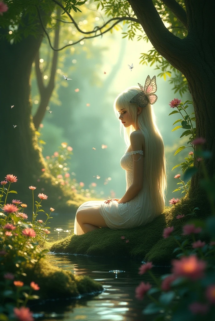 ( detailed realistic background:1),
( official art, beautiful and aesthetic:1 ),
realistic lighting,
cinematic lighting,
hyperrealism,
soothing tones,
muted colors,
high contrast,
soft light,
sharp,
artistic photoshoot,
<lora:FeyAndFairies-11:0.8>FeyFa, , forest, trees, middle, path, waterfall, through, background, stream, flowers, lights, running, in the foreground stands a fairy in front of her fairy house, light,( cute, petite ),
slender,
european,
pale cheeks,
square face shape with angular jaw,
natural "no-makeup" makeup,
big breasts,
,
blonde hair ,
crown braid  ,wearing a see-through gossamer fairy short dress,
night time, darkness, (face, body, les, feet,Full Body closeup:1.4)