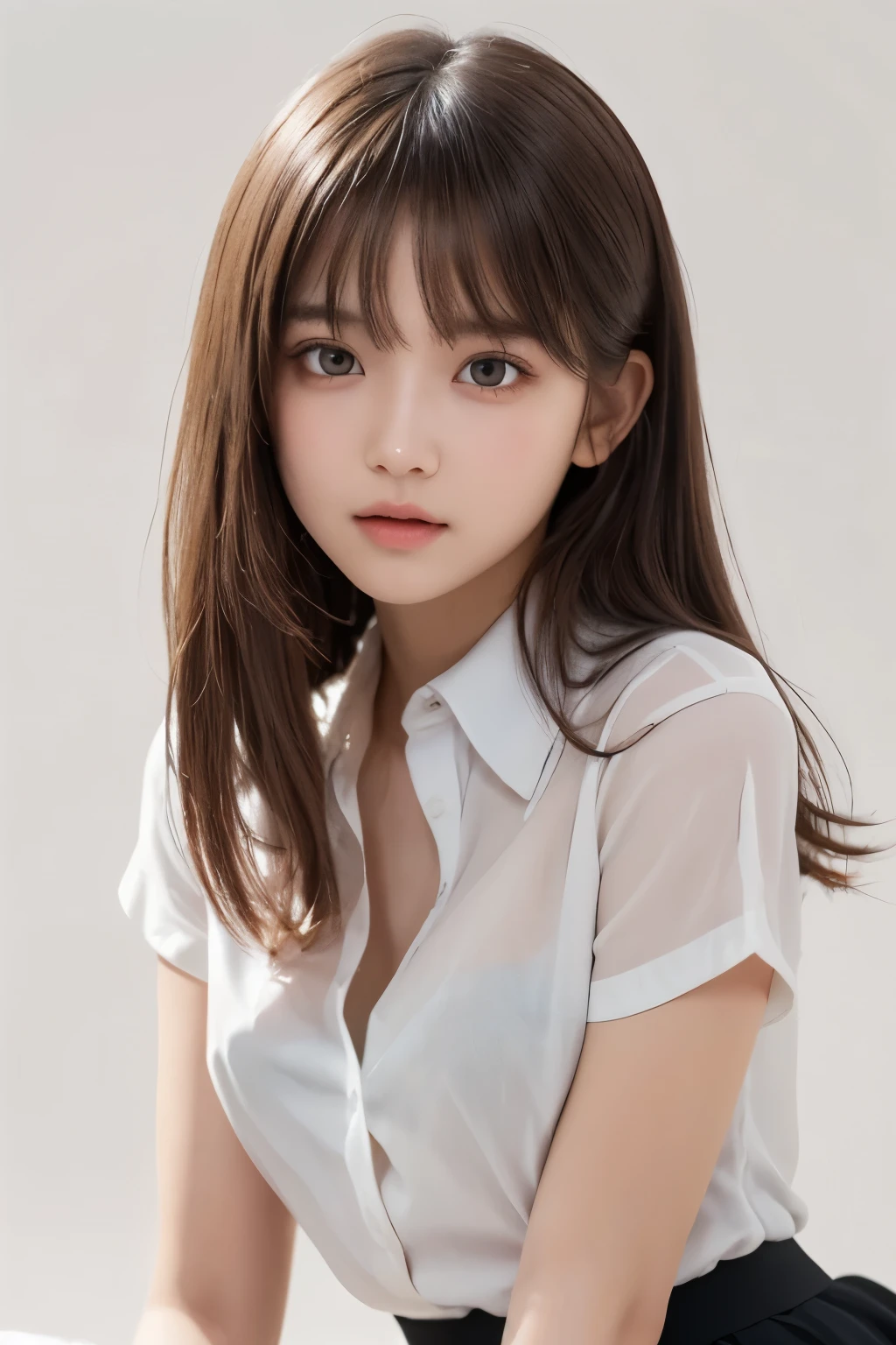 (detailed skin:1.2), (shiny skin:1.1), 8k,best quality, masterpiece, ultra high res, (photorealistic:1.4), RAW photo, (soft saturation:1.3), (fair skin:1.2), Japanese idol, 19 years old, Natural make up, brown hair, medium hair, asymmetrical hair, wavy hair, asymmetrical bangs, (collared white shirt, slit tight skir:1.2),