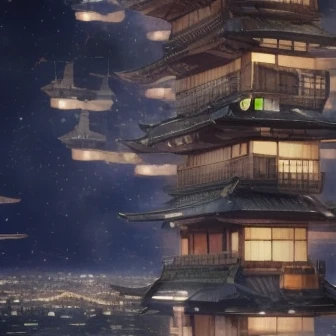 Japanese houses float above a futuristic city