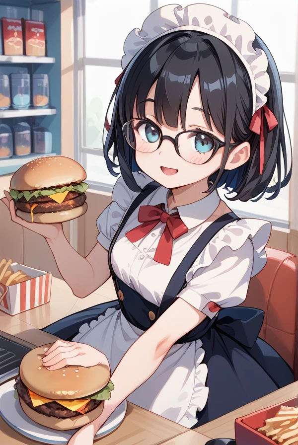 Black hair, glasses, frilly dress, apron, burger shop