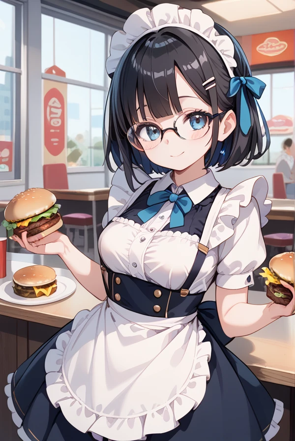 Black hair, glasses, frilly dress, apron, burger shop