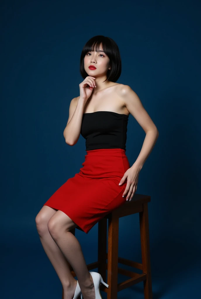 A commercial portrait of a young Asian woman sitting on a wooden retro stool against a blue background. She has fair skin, jet black straight hair neatly styled into a short side-parted bob, and bright red lipstick. She is wearing a black (tube top: 1.5) that shows off her large breasts and a (red ultra-micro skirt: 1.4) that accentuates her slim figure. On her feet, she wears eye-catching white pumps. The woman's posture is thoughtful, with her right elbow resting on her right knee, her chin resting on her hand, and a thoughtful expression. The overall composition is simple, with the only focus on the subject of the shot, and no other objects or distractions in the background. The soft lighting highlights her facial features and the texture of her clothing, creating a sharp visual contrast with the dark background.