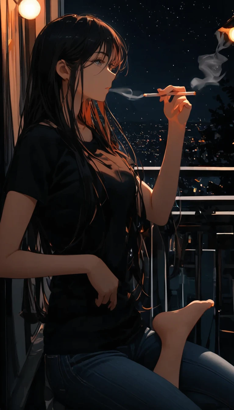 A woman holding a cigarette is gazing into the distance, Black Hair, Long Hair, The tip of the cigarette is red and smoking, Late at night, I&#39;m leaning my elbows on the balcony and looking at the stars, Wearing a tight black T-shirt and jeans, barefoot, I can see that the light in the room is leaking out a little., Unusual face, Handsome, sideshot, 30 years old, 