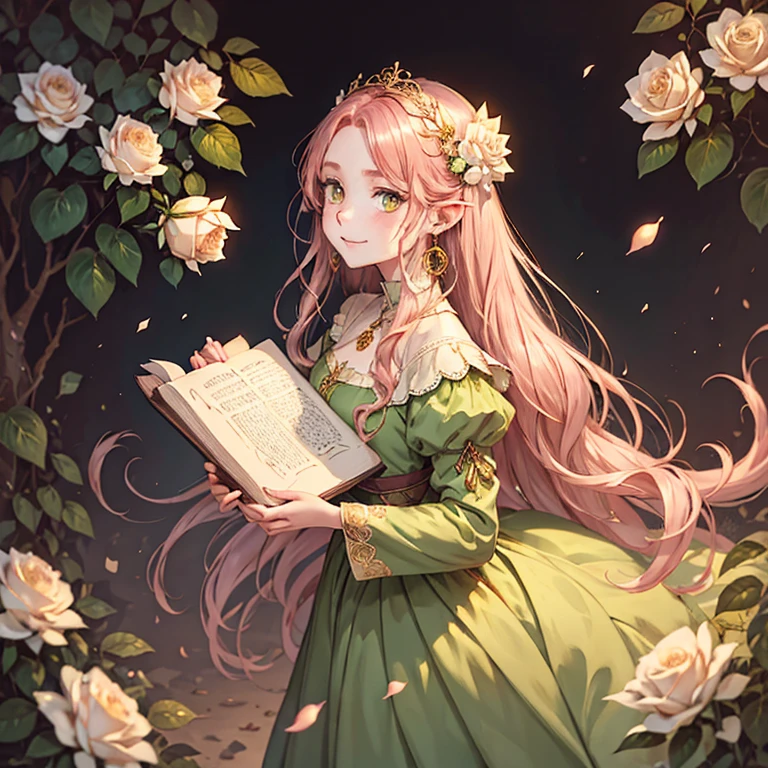 (Best Quality, masterpiece,  ultra high resolution), young women, full length. Long and thin, Oval Face, Thin cheeks.  smaller, Clean your mouth. smile,  soft green eyes . Pale skin.  gold earrings in the ears . Wearing long clothes, Green Dress,  similar to medieval clothes ,  The sleeves of the dress are getting thinner ,  The part close to the arm is free , The neckline is  smaller,  lots at parties There are details, Gold embroidery. Best Quality,  ***1 person,  very delicate and beautiful , young,   Brownish Pink hair  ,  green eyes ,   Pinch Your Nose           , ( very young), ((Very beautiful)),  intellectual   ,  White Rose　cute anime***Portrait of     ,           cute***   anime visual         ,  RPGWatercolor  ,  watercolor ,     garden background          ,  I have a book  　          fantasy　                  Light Background           　 Long hair ,           a book with eyes and eyebrows snuggle up     　 White Rose Garden without front hair　green eyes　hair&#39;Not tied down,  too much hair , Super Long hair,    red dress manipulating straight hair　European Castles　No front hair のスーパーロングヘア　One length　 medieval European dress  　No front hair 　 straight hair　 ***1 person, alone, 1 personの女の子, 