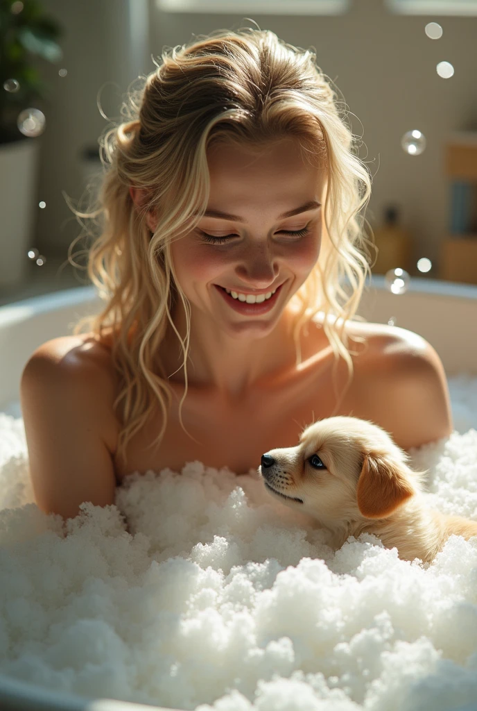 petite blonde with a bob haircut taking a bath with a tiny man