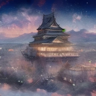 A Japanese castle floats above a futuristic city