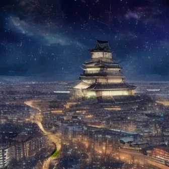 A Japanese castle floats above a futuristic city