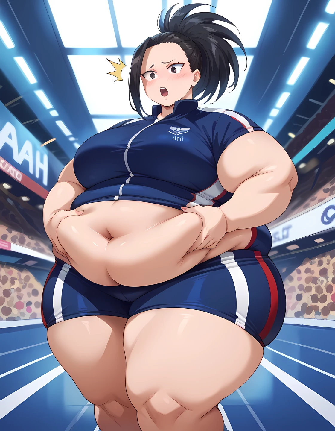 fat body, tall, yaoyorozumomo, black eyes, black hair, ponytail, long hair, hair pulled back, athlete uniform, fat body, wide waist big . sexy body, sexy figure, fat thighs, sexy, wide waist, desireable, tempting, lust, fat, chubby, obese, gigantic arms and legs , blush, surprised, open mouth, grabbing belly detailed face, perfect quality