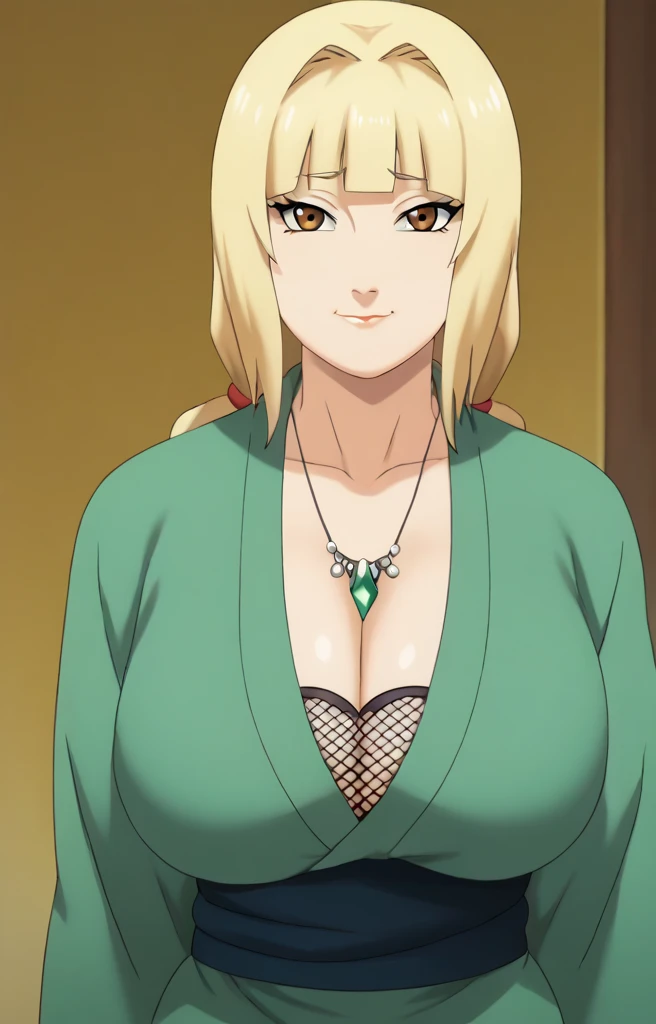 Tsunade senju,Big breast,Sagging big breast,Hitozuma,cleavage,uzumaki clan symbol in outfit,Wringkle in mouth,wedding ring,Sleeve outfit,old lady,Wringkle in face,Grandma who still have sexy body,Gilf,standing,potrait,Uzumaki tsunade,Sleeve,Wide hips,1girl,Solo,Tsunade necklace,Shirt with cleavage And uzumaki clan symbol,((long wavy hair)),green Pearl earring,Hair behind ear,Colorless lips,((Blond hair)),((hime cut bang hair)),happy,net bra,Face facing front,((Long sleeve)),Brown eyes