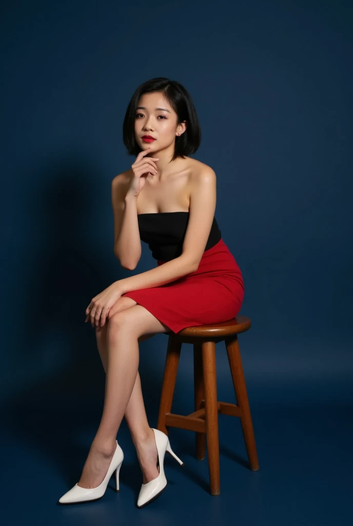 A commercial portrait of a young Asian woman sitting on a wooden retro stool against a blue background. She has fair skin, jet black straight hair neatly styled into a short side-parted bob, and bright red lipstick. She is wearing a black (tube top: 1.5) that shows off her large breasts and a (red ultra-micro skirt: 1.4) that accentuates her slim figure. On her feet, she wears eye-catching white pumps. The woman's posture is thoughtful, with her right elbow resting on her right knee, her chin resting on her hand, and a thoughtful expression. The overall composition is simple, with the only focus on the subject of the shot, and no other objects or distractions in the background. The soft lighting highlights her facial features and the texture of her clothing, creating a sharp visual contrast with the dark background.