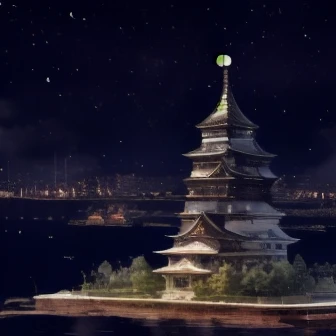 A Japanese castle floats above a futuristic city