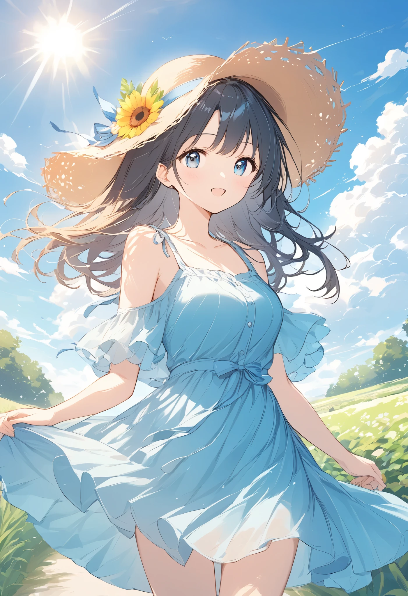 Gentle colors、   thin and soft painting style、Summer country road、 Girl Wearing a Straw Hat、Summer sunshine、Refreshing Depiction 、 Big Clouds in the Blue Sky 