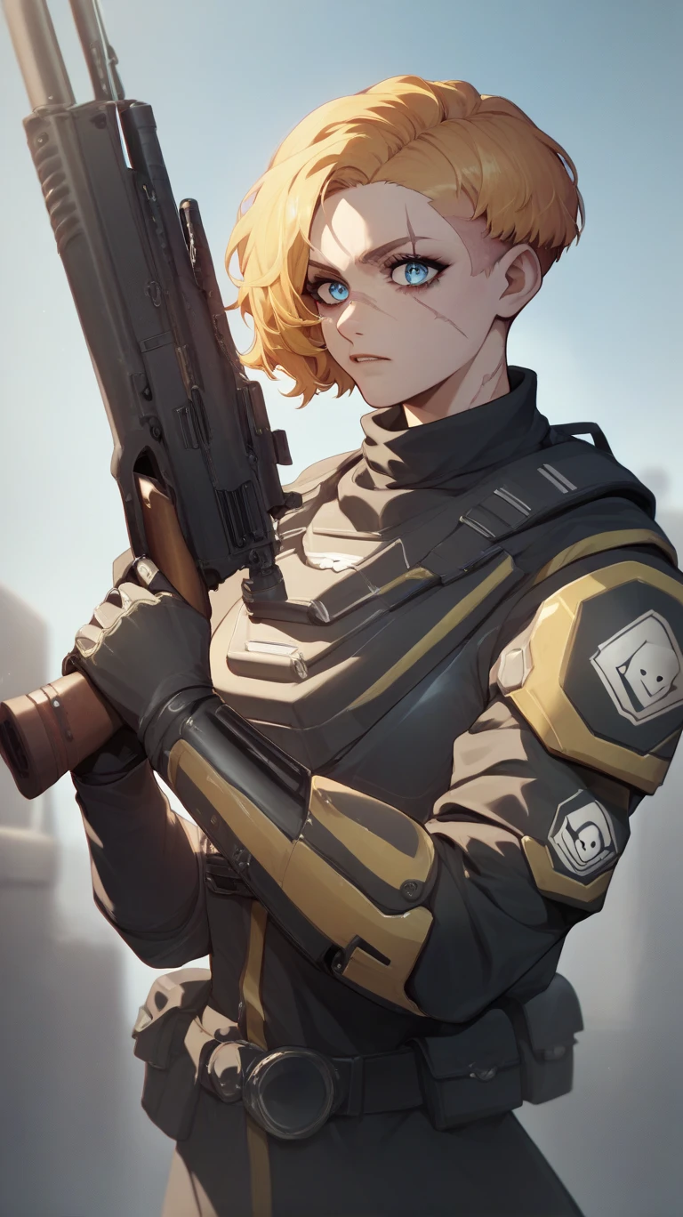 37 year old Female commander helldiver without helmet, golden hair, in pixie cut blue eyes, scar over her left eye, horribly burned right side of her face. Prosthetic Arm, holding a shotgun. 