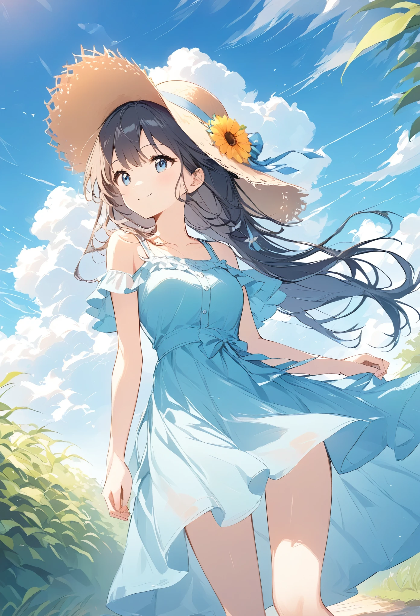 Gentle colors、 thin and soft painting style、Summer country road、 Girl Wearing a Straw Hat、Summer sunshine、Refreshing Depiction 、 Big Clouds in the Blue Sky