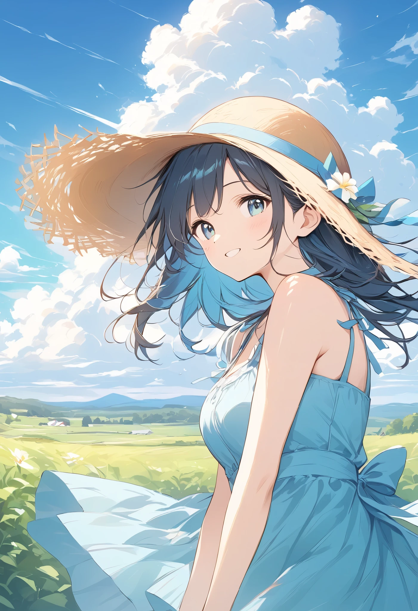 Gentle colors、 thin and soft painting style、Summer country road、 Girl Wearing a Straw Hat、Summer sunshine、Refreshing Depiction 、 Big Clouds in the Blue Sky
