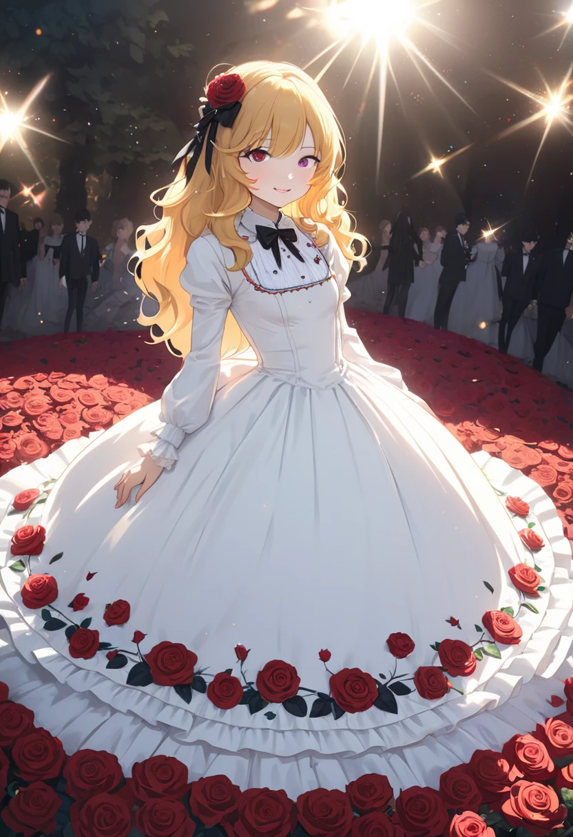 ((masterpiece)), (Anime:1.5), (( best quality)), ( RAW Photos:1.2), ( High Definition :1.3), ( professional photo shoot:1.2), (chromatic aberration),  1 girl,  lens flare ,  wide shot,   fits textured skin ,  Movie Lighting,  1 girl, (( beautiful gothic lolita pure white dress)), (Very hoop-dress), Luxury Rose Embroidery,  CUTE INNOCENT YOUNG GIRL , ((Hair on one eye)), Thin and small breasts , (silk blonde hair ), ( GOTHIC LOLITA MAKEUP ), (Super detailed), Beautiful Hair, smile, (Cute sparkle), Particles of light,  There are people standing around , (Red rose garden), 