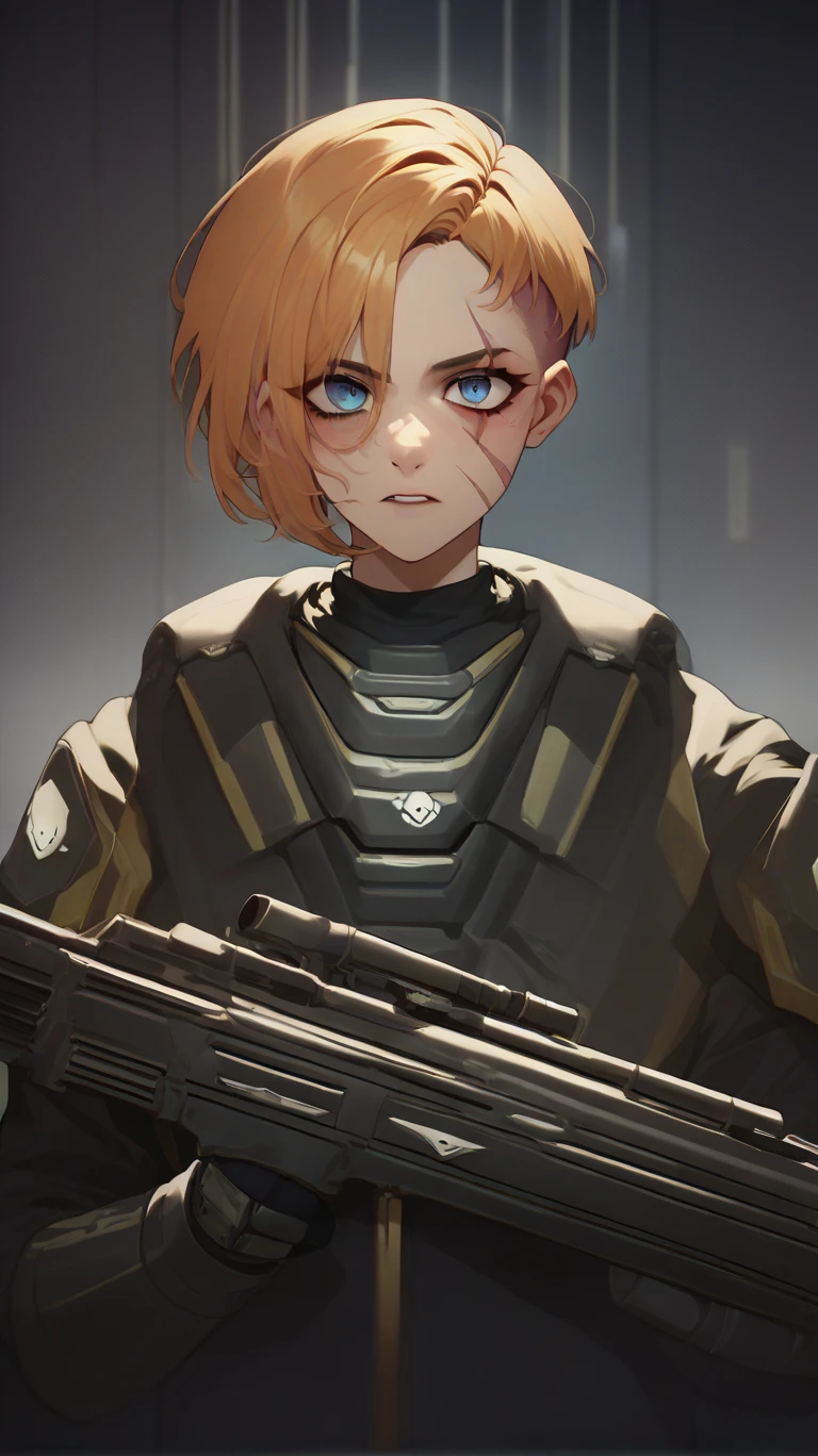 37 year old Female commander helldiver without helmet, golden hair, in pixie cut blue eyes, scar over her left eye, horribly burned right side of her face. Prosthetic Arm, holding a shotgun. 