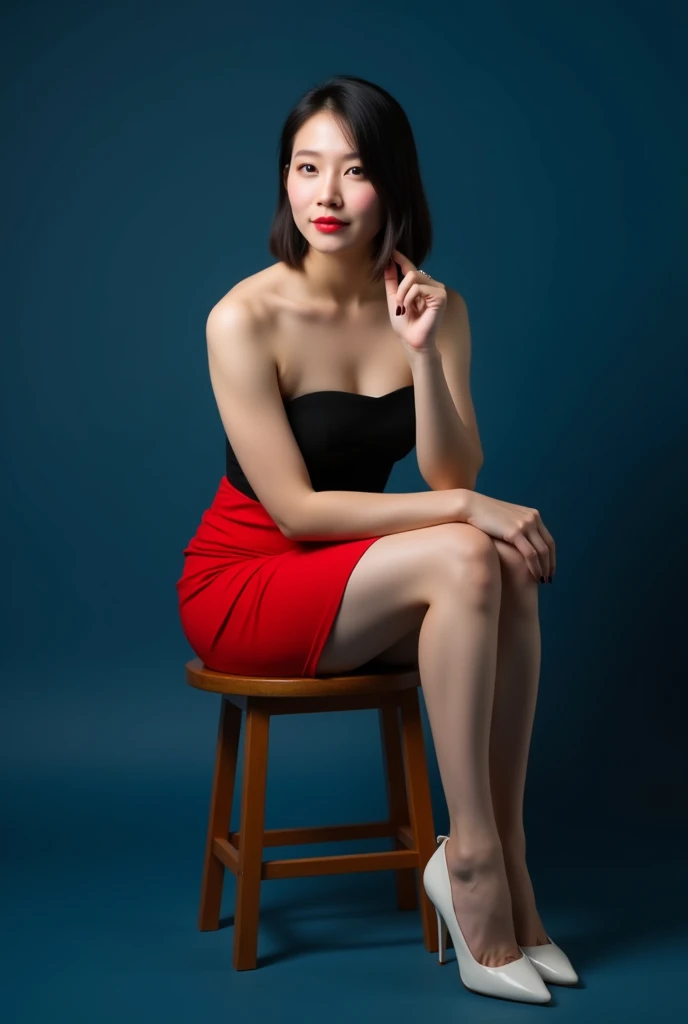 A commercial portrait of a young Asian woman sitting on a wooden retro stool against a blue background. She has fair skin, jet black straight hair neatly styled into a short side-parted bob, and bright red lipstick. She is wearing a black (tube top: 1.5) that shows off her large breasts and a (red ultra-micro skirt: 1.4) that accentuates her slim figure. On her feet, she wears eye-catching white pumps. The woman's posture is thoughtful, with her right elbow resting on her right knee, her chin resting on her hand, and a thoughtful expression. The overall composition is simple, with the only focus on the subject of the shot, and no other objects or distractions in the background. The soft lighting highlights her facial features and the texture of her clothing, creating a sharp visual contrast with the dark background.