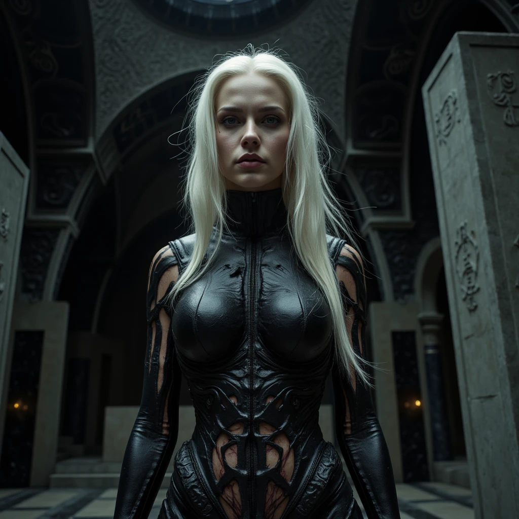 dramatic portrait of a mutant female albino with large oval face, angular nose, protruding forehead, long white hair, wearing a viscous black biomechanical bodysuit with organic lines and root motifs, mutating leather texture, severe gaze, in a dark location with black stone structures featuring spiral patterns, vaulted ceilings surrounded by vertebral columns, curved black marble walls, large opening to a very dark sky, rectangular gray structure covered in engraved symbols, (best quality,4k,8k,highres,masterpiece:1.2),ultra-detailed,(realistic,photorealistic,photo-realistic:1.37),HDR,UHD,studio lighting,ultra-fine painting,sharp focus,physically-based rendering,extreme detail description,professional,vivid colors,bokeh,portrait,horror,chiaroscuro,dramatic lighting,cinematic,dark fantasy