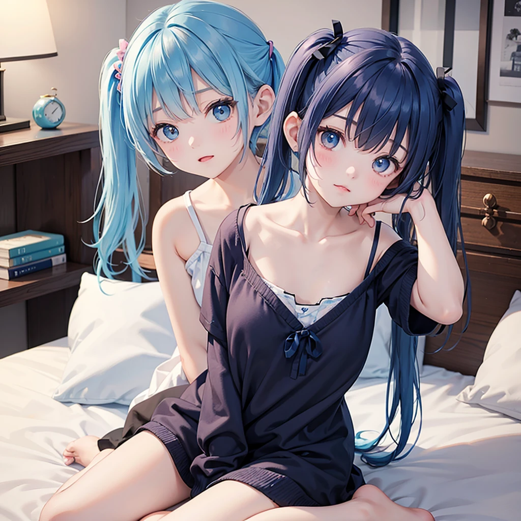 finely best quality、Hphotorealistic、An ultra-fine illustrations、beautiful attractive anime girl、miku hatsune、slenderbody、Tied hair、one girls、a photo of girl、Full body shot、(perfect anatomia)、Beautiful blue eyes、deep in the night、on the beds、((Camisole made of transparent fabric))、(Wearing only a camisole)、(The nipple is visible)、Not wearing panties、(No bra)、dim room、NSFW,