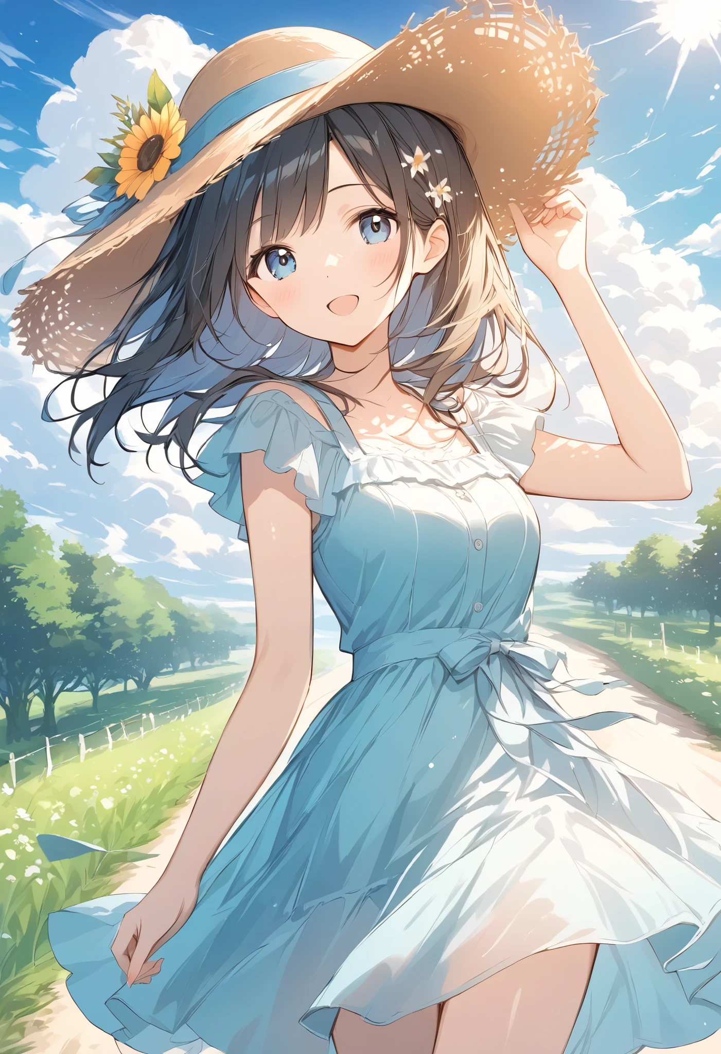 Gentle colors、   thin and soft painting style、Summer country road、 Girl Wearing a Straw Hat、Summer sunshine、Refreshing Depiction 、 Big Clouds in the Blue Sky ,Walking around a black Shiba Inu 