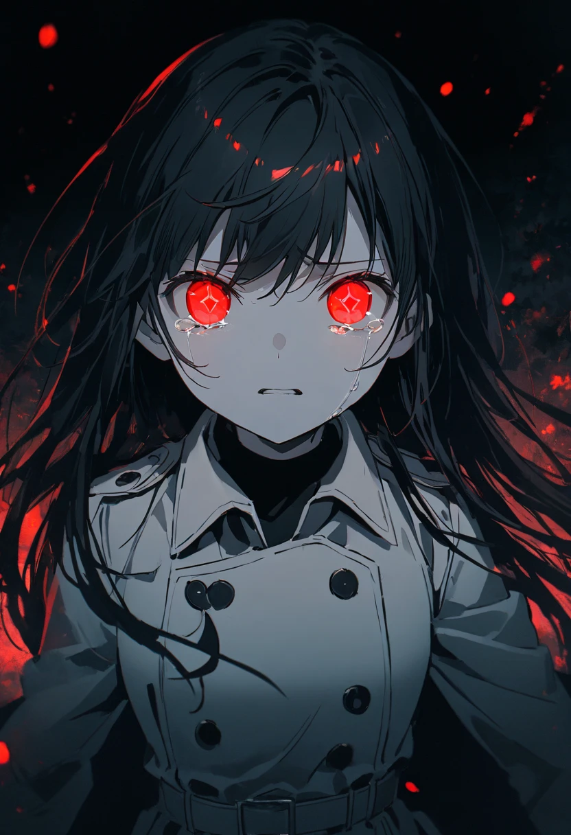 Anime Style,The whole screen is dark ,Monochrome World.  upper body, red eyes shining in the dark {x} angle from the waist up and side,  white skin, black hair,Long Hair,  highlights of shining eyes  ,   is crying,Large eyes ,暗In the Darkで輝くの瞳  赤く,Sparkling Eyes,Sparkling Eyesのハイライト,In the Dark  ,  highlight glowing eyes  ,  The background emphasizes glowing eyes , High-angle masterpiece , best quality,Exquisite,8k,   absurd,  wearing a trench coat  ,( Viewers )