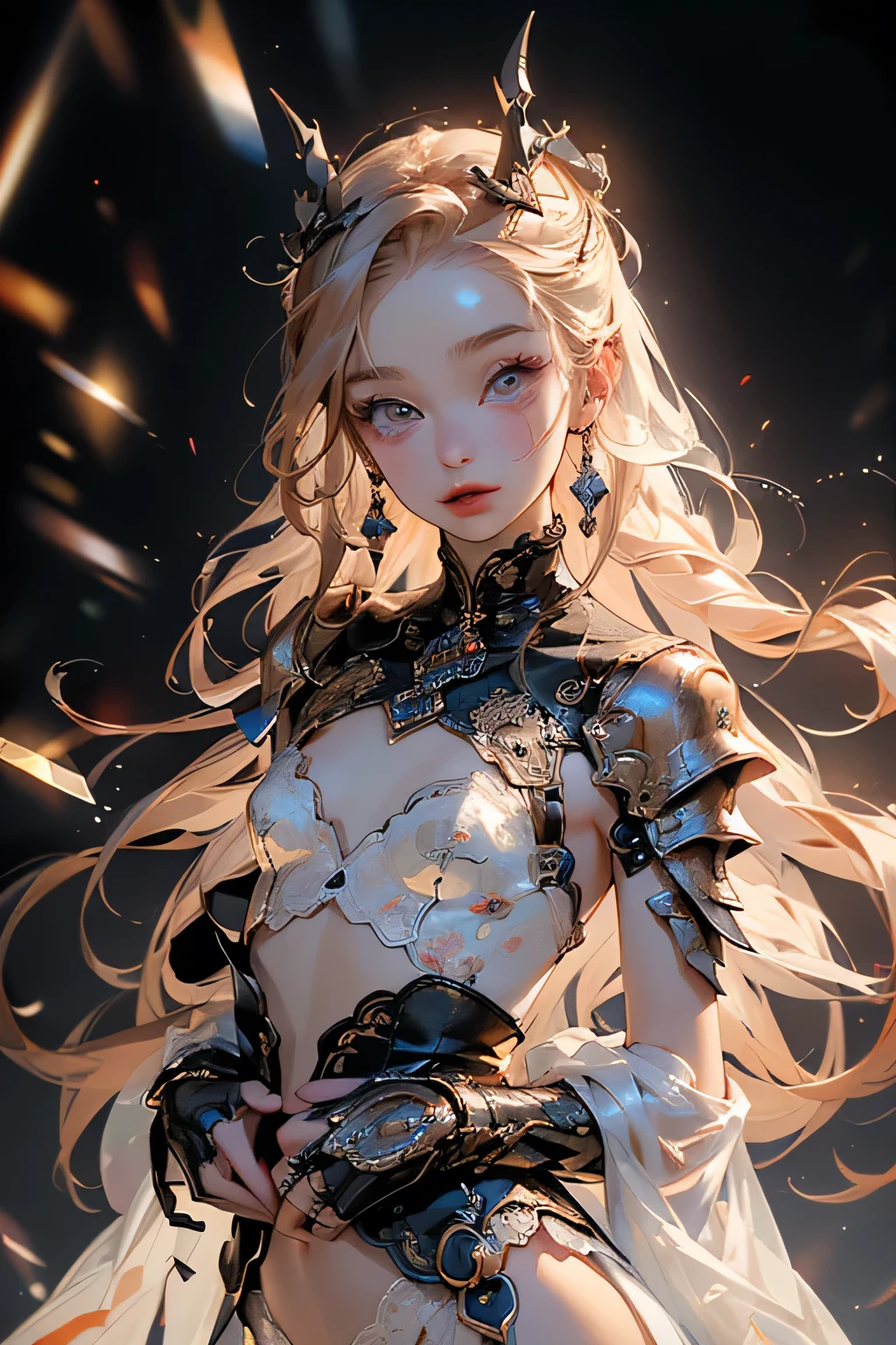 (((masterpiece, of the highest quality, super detailed))), (a female knight of an occult order), (an occult saint), (dyamic pose), (combat pose), ((((a sword with a digital glitch-like blade as though it is rapidly flickering in and out of reality, with a very slight warping effect around it similar to gravitational lensing, is floating next to her)))), Edwardian/Victorian era inspired, ((minimal but intricate beautiful armour)), Fluttering lace flared dress with frilly petticoats, ((((Highly detailed face))), (((Very sharp focused eyes))), very long eyelashes, small breasts, (((flat chest:1.1))), occult aesthetic, (red and white clothing detailed and intricate steampunk and detailed gothic), (with a hood), complex lace boots