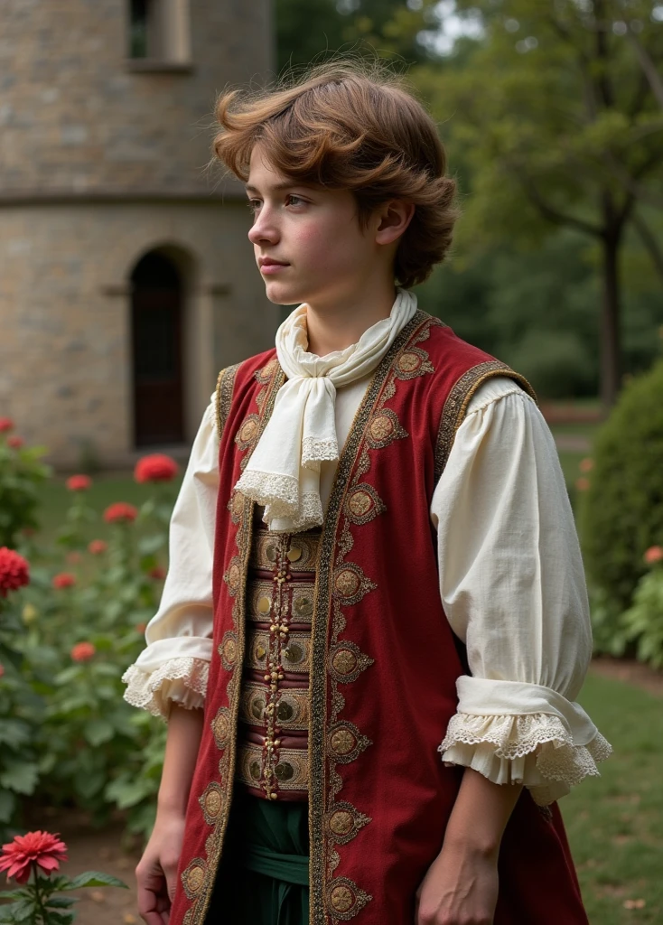 England, 1327. ((((19-year-old)) William)), in the gardens. ((((clothings from the 1300s)))), ((hairstyle of the 1300s))