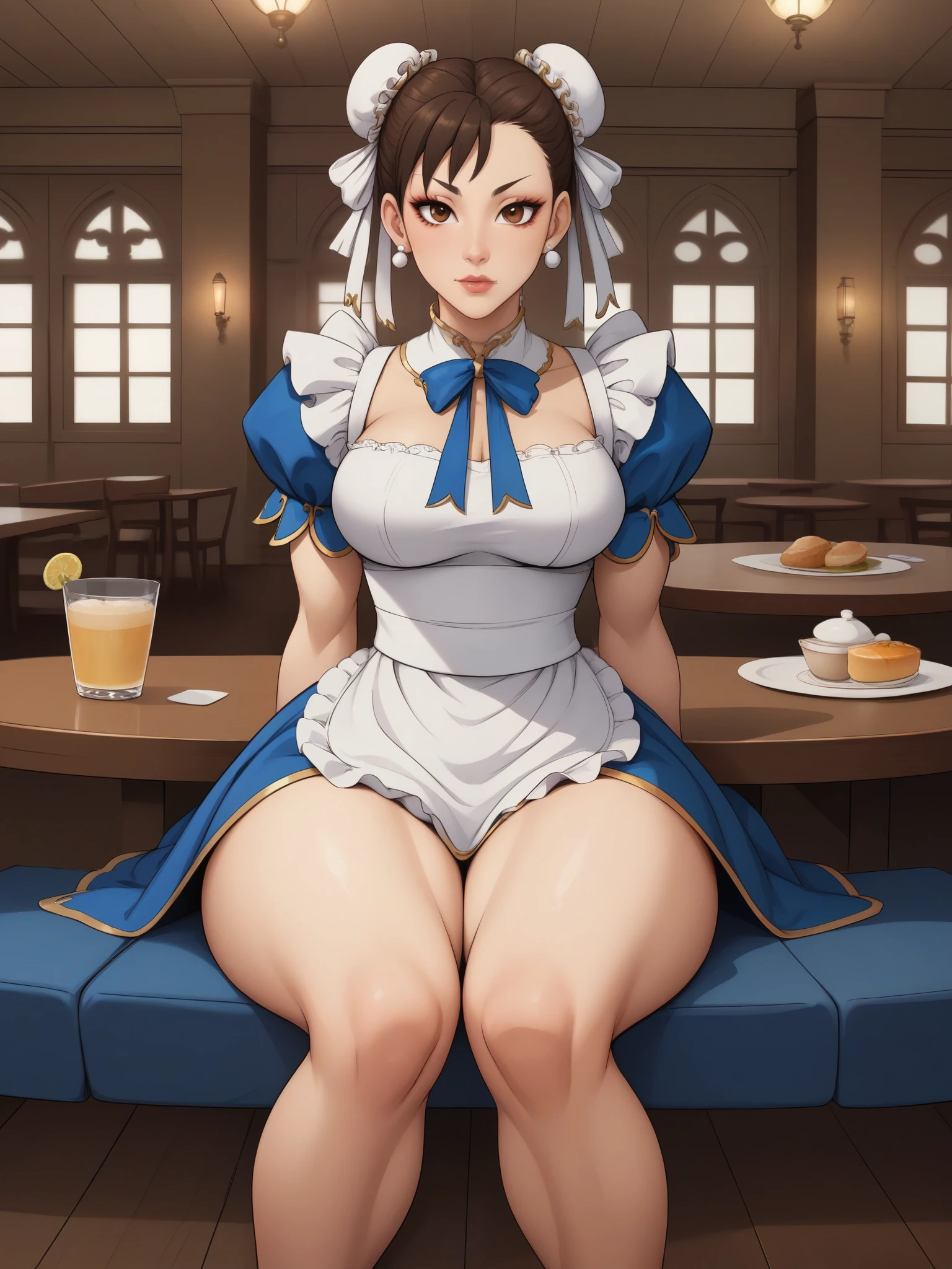 Chun-li. brown hair. odango's hairstyle is tied with ribbons.brown eyes. Big growth. athletic legs. small saggy breasts. huge, toned thighs. maid. cafe. sitting