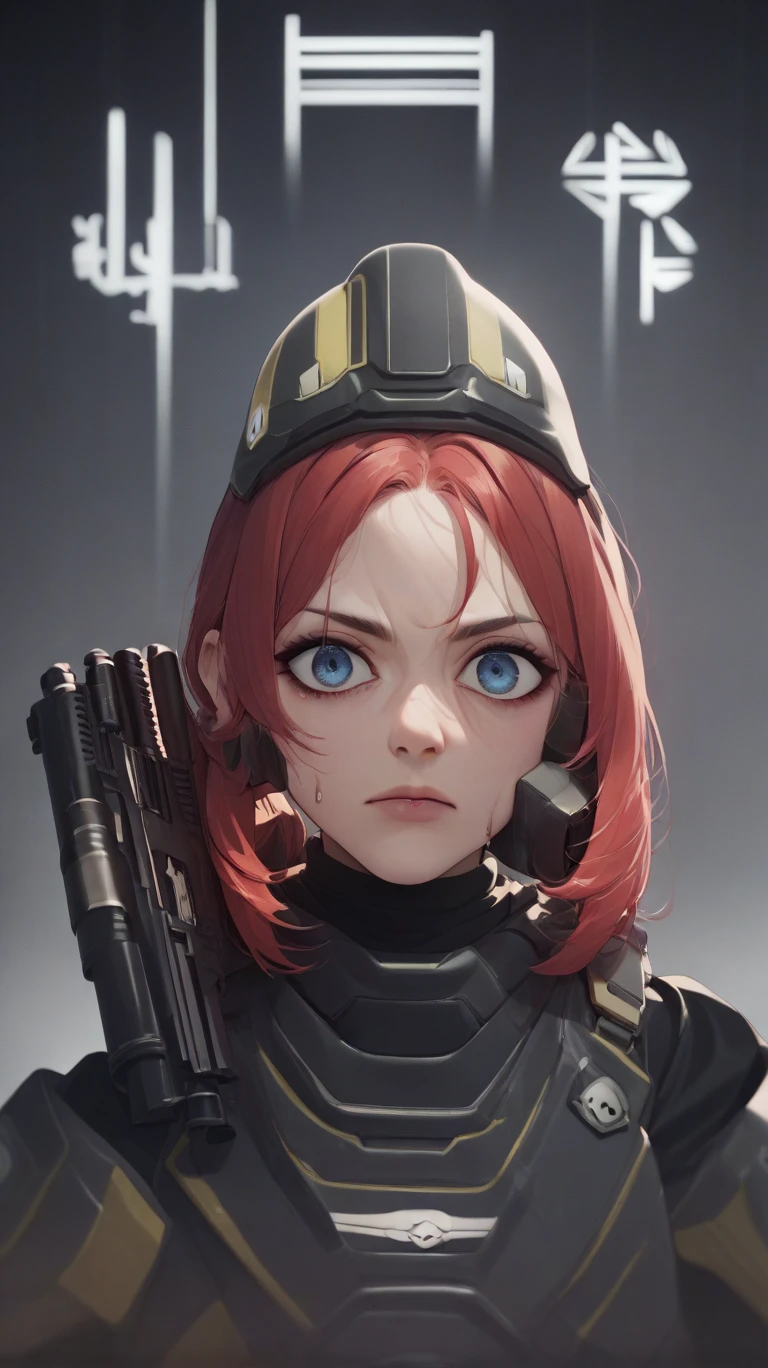 37 year old mae commander helldiver without helmet, red hair, with blue eyes, horribly burned right side of her face.  holding a shotgun. 