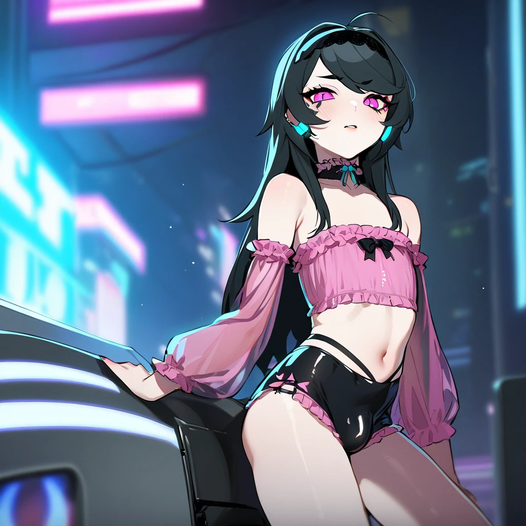 beautiful femboy, femboy, feminine male, crossdressing, crossdresser, crossdressing male, flat chest, small bulge, cyberpunk, futuristic, Masterpiece, 