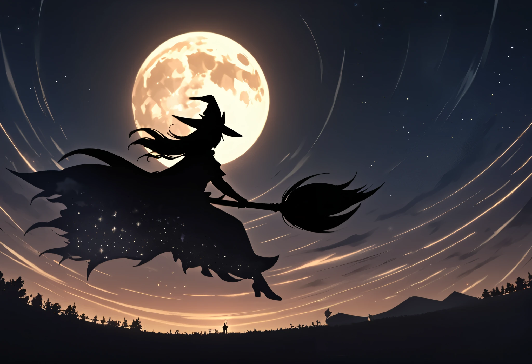 A striking silhouette of a witch riding a broomstick, soaring gracefully across a starry night sky. The large crescent moon dominates the background, casting a soft glow that outlines the witch’s figure and broomstick. Her pointed hat and flowing cape are clearly visible, adding to the iconic witchy profile. The sky is deep and vast, scattered with shimmering stars and subtle clouds, creating a mystical and magical atmosphere. The overall composition emphasizes the contrast between the dark silhouette and the glowing moon, evoking a sense of wonder and enchantment