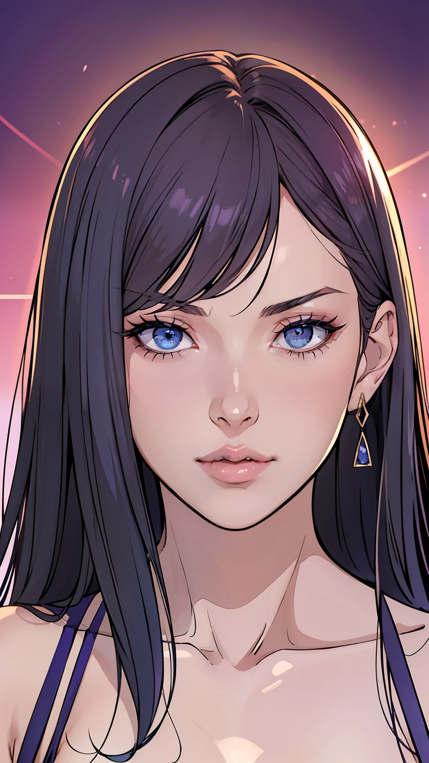 {8k image}, 1beautiful mature woman, 35 years old, pointed nose, fleshy lips, triangular face, big hair with bangs (wine), blue eyes, {looking directly at the viewer}, {facing forward}, {perfect anatomy}, {image focused only on the face}, {face portrait}, purple background