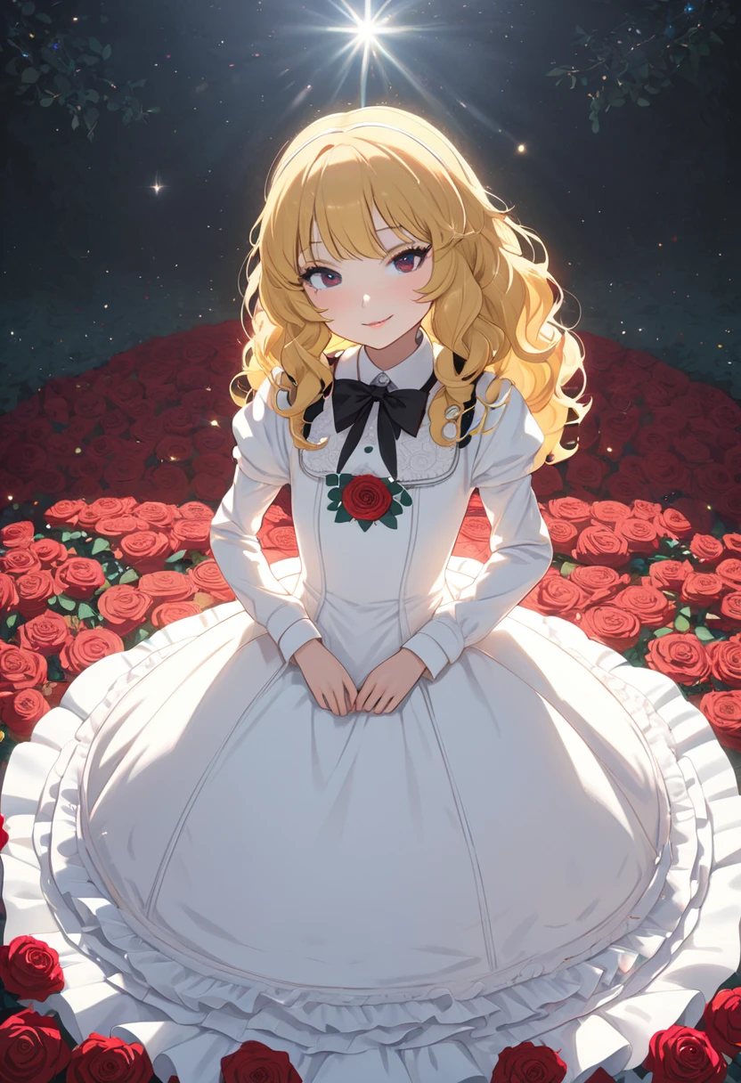 ((masterpiece)), (Anime:1.5), (( best quality)), ( RAW Photos:1.2), ( High Definition :1.3), ( professional photo shoot:1.2), (chromatic aberration),  1 girl,  lens flare ,  wide shot,   fits textured skin ,  Movie Lighting,  1 girl, (( beautiful gothic lolita pure white dress)), (Very hoop-dress), Luxury Rose Embroidery,  CUTE INNOCENT YOUNG GIRL , ((Hair on one eye)), Thin and small breasts , (silk blonde hair ), ( GOTHIC LOLITA MAKEUP ), (Super detailed), Beautiful Hair, smile, (Cute sparkle), Particles of light,  There are people standing around , (Red rose garden),  wavy hair in front of the station,  blonde hair