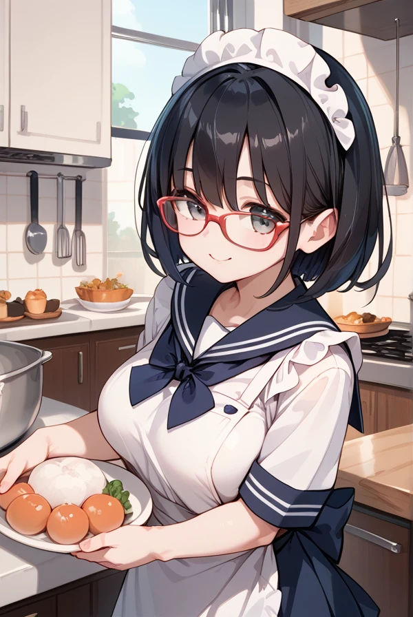 Black hair, glasses, sailor uniform, apron, Japanese high school girl, kitchen making rice balls
