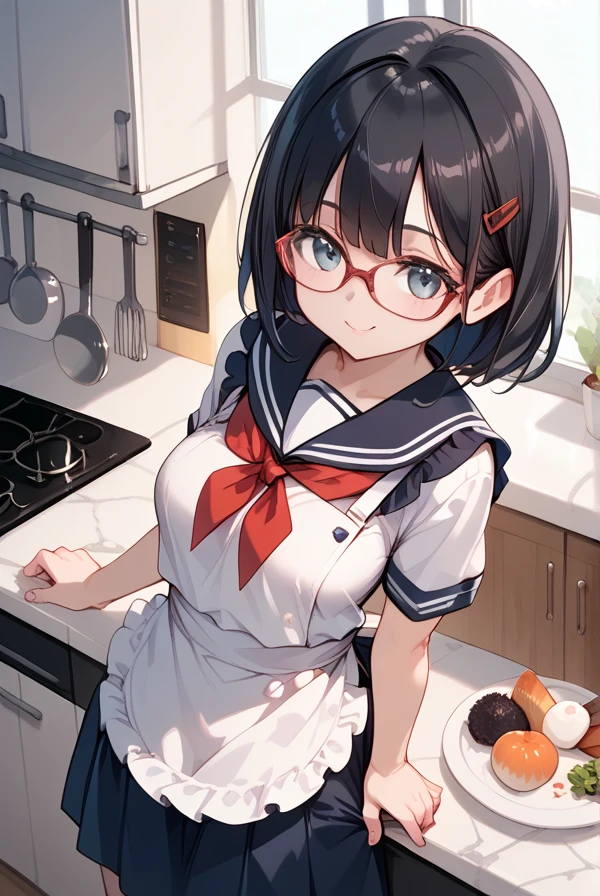 Black hair, glasses, sailor uniform, apron, Japanese high school girl, kitchen making rice balls
