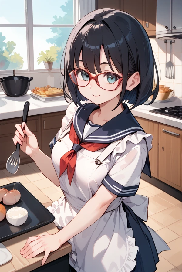 Black hair, glasses, sailor uniform, apron, Japanese high school girl, kitchen making rice balls
