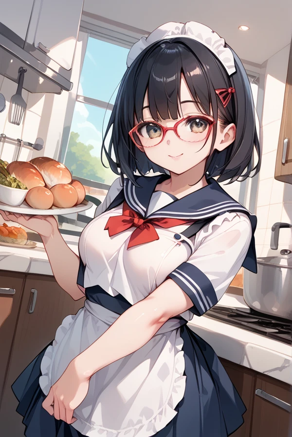 Black hair, glasses, sailor uniform, apron, Japanese high school girl, kitchen making rice balls
