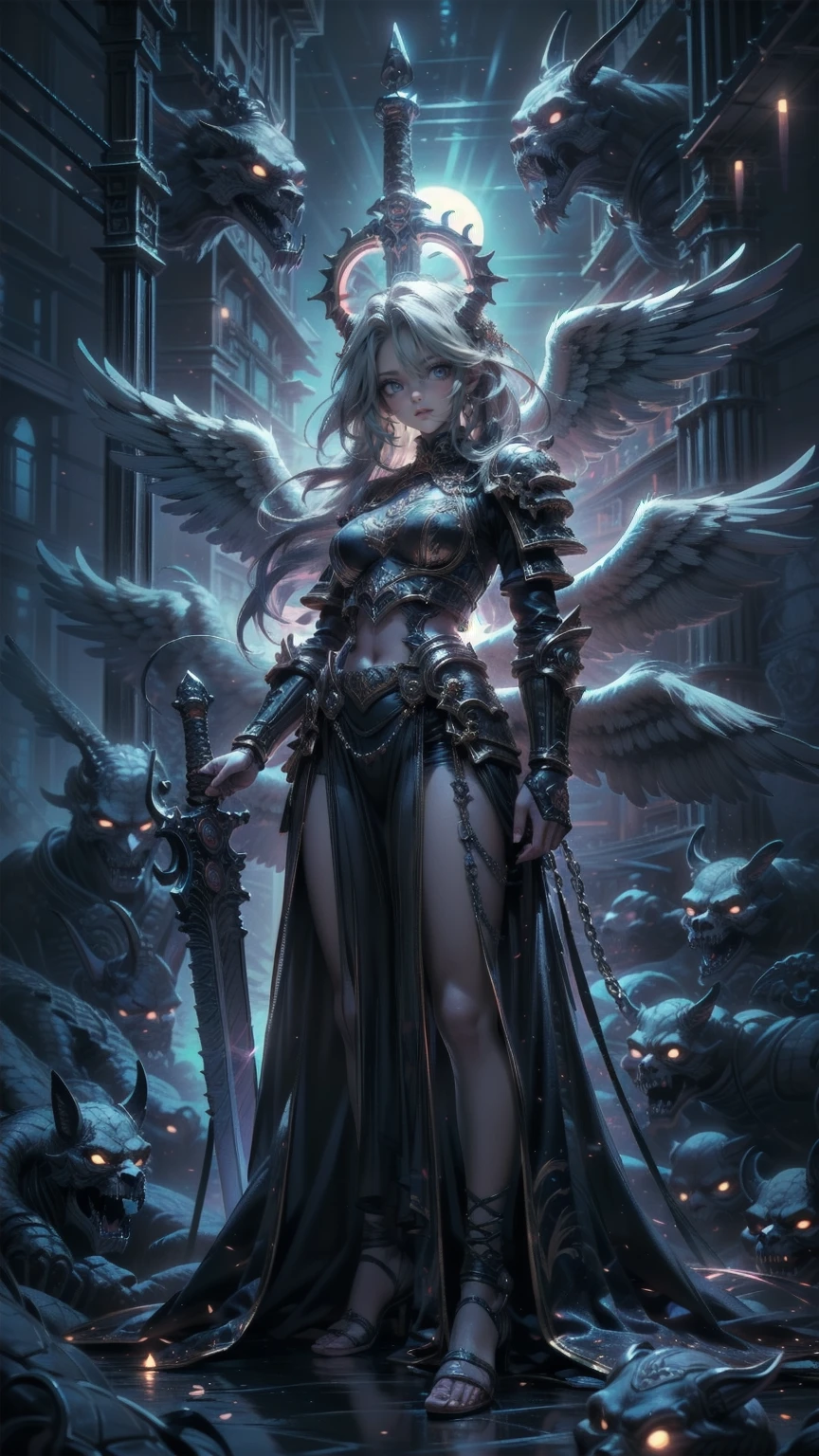 an epic fantasy art  portrait of aasimar, woman, paladin ready for battle under the full moon, Holy Knight,Grab a weapon ,Shining angel halo,  spread wings with large feathers, Majestic Wings, white Angelic Wings spread (masterpiece,  intense detail : 1.5), moon light, moon, star, cloud,  sacred symbol ,  Wielding a divine sword,  wearing sacred armor ,  Dynamic Hair Color ,  Dynamic hairstyle, dynamic skin tones, Dark fantasy (Forest Background: 1.3),  anatomically accurate  (masterpiece 1.3,  intense detail ), Angel_Wings, The face of determination, god rays,  Movie Lighting, Shining Light,  silhouette, From the outside,  photorealism,  Panoramic View (masterpiece 1.3,  intense detail ) , Wide angle,  see her knees and ankles  , 16k,  Hi-Res,  best quality,  high detail  , 16k, Super detailed, masterpiece,  best quality, ( Extremely detailed), Arafed, dnd Art,  portrait, whole body,  hyp3rd3tail style , ral-ertmsphr
