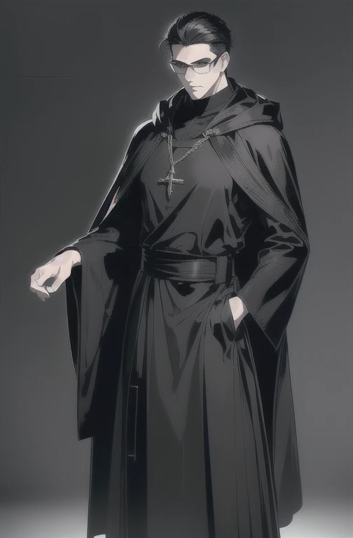 (masterpiece, ultra-detailed, high resolution, best quality:1.2), (Anime, Standing, Simple background), (male, man, muscular, large build, glasses, side part, (Hair styled with hair styling products), black hair, (hair is parted to the side:1.2)), ((Cassock:1.2), (Hooded Robe, Wizard robe:1.2), robe fastening, belt, loose pants, boots)