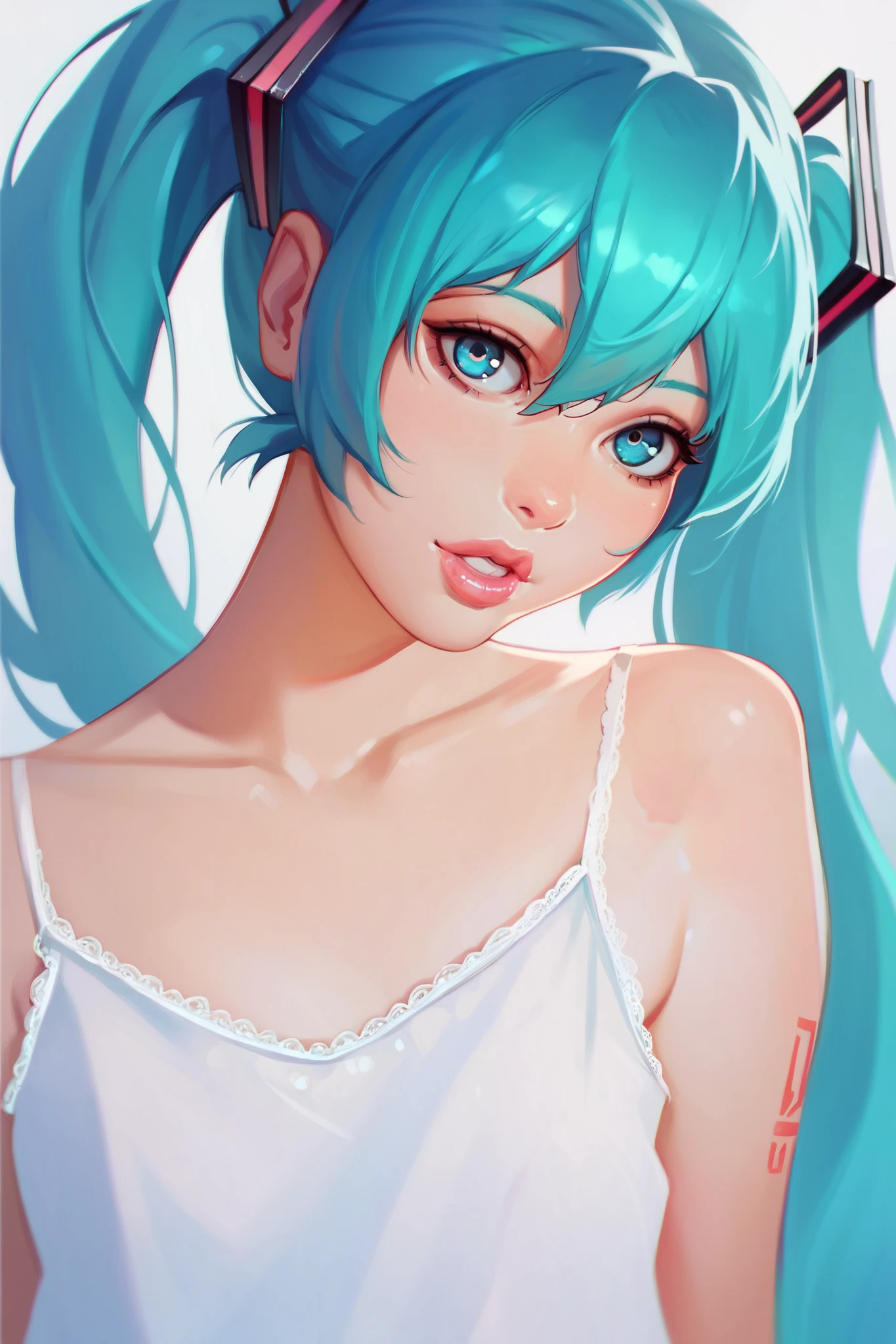 1girl, hatsune_miku, lips, thin lips, parted lips, solo, looking at viewer, camisole, upper body, dark, underlightling, masterpiece, best quality, very aesthetic